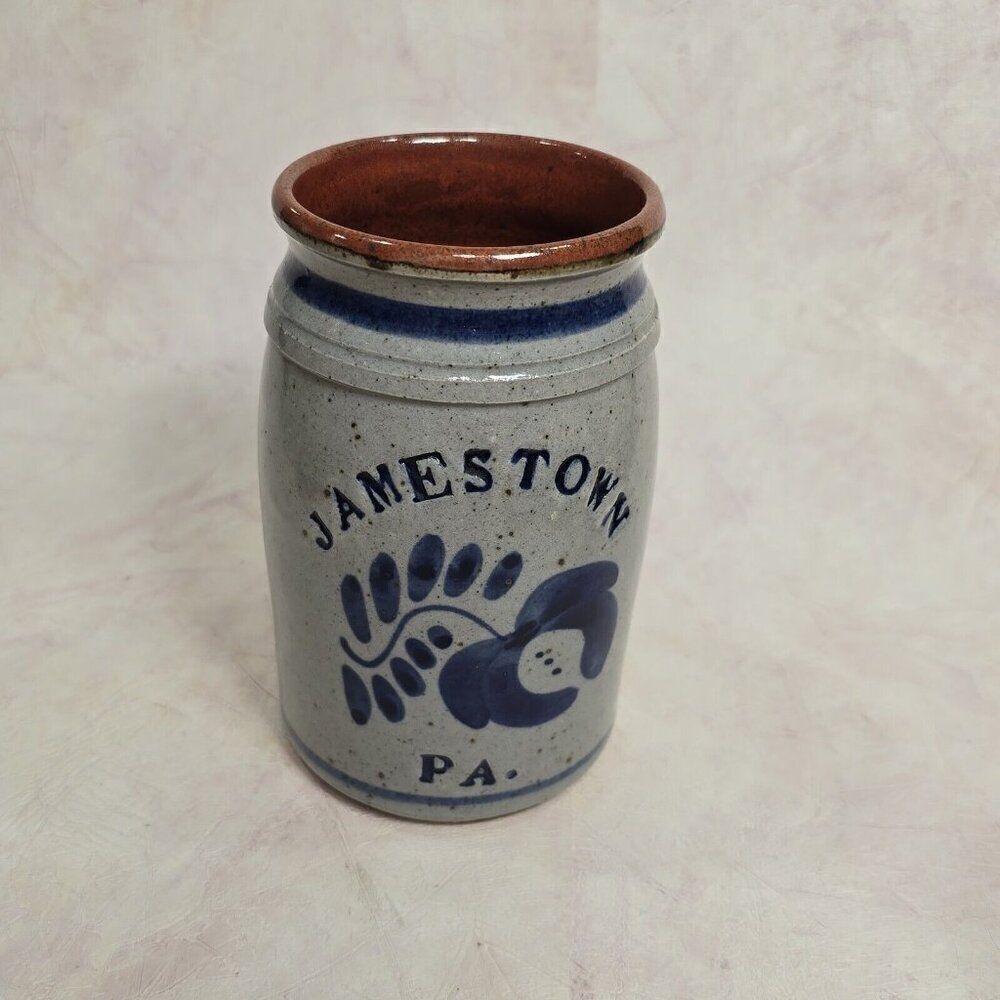 Vtg Signed 6.5"‎ Tall Salt Glaze Pottery Blue Stoneware Crock - Jamestown  PA
